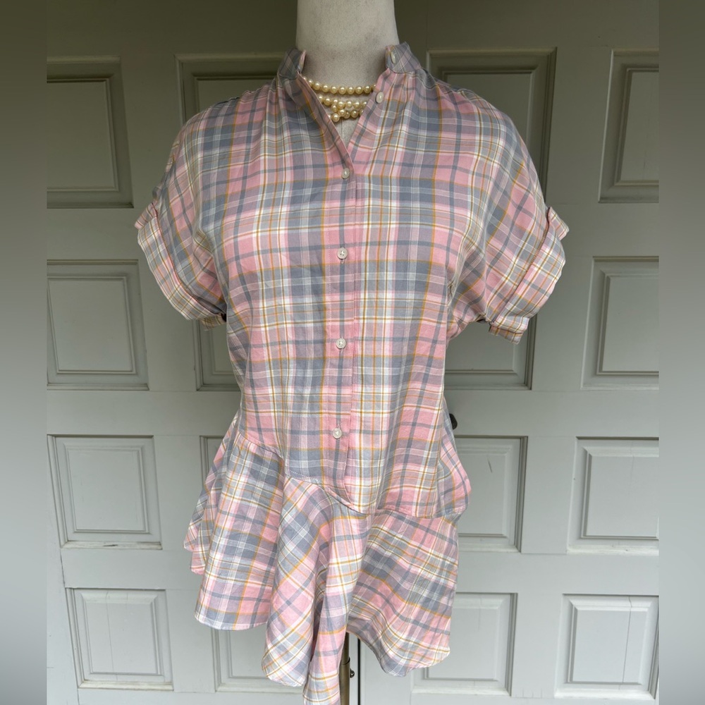 Ralph Lauren Pink Plaid Button-Up Asymmetrical Blouse